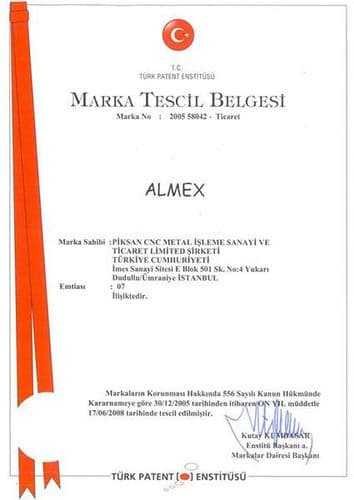 ALMEX marka tescil belgesi
